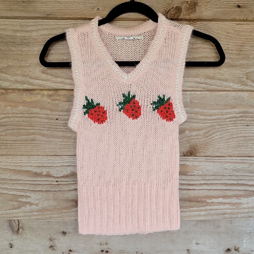 Kimchi Blue Pink Sweater Vest With Strawberries Size XS